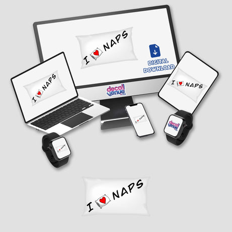 I Love Naps design featuring a white pillow with a red heart and black text, displayed on various devices, available as vinyl stickers or digital artwork.