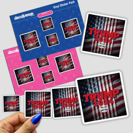 Patriotic Trump 2024 digital art stickers with American flag design, showcasing bold graphics on a variety of product shapes and sizes.