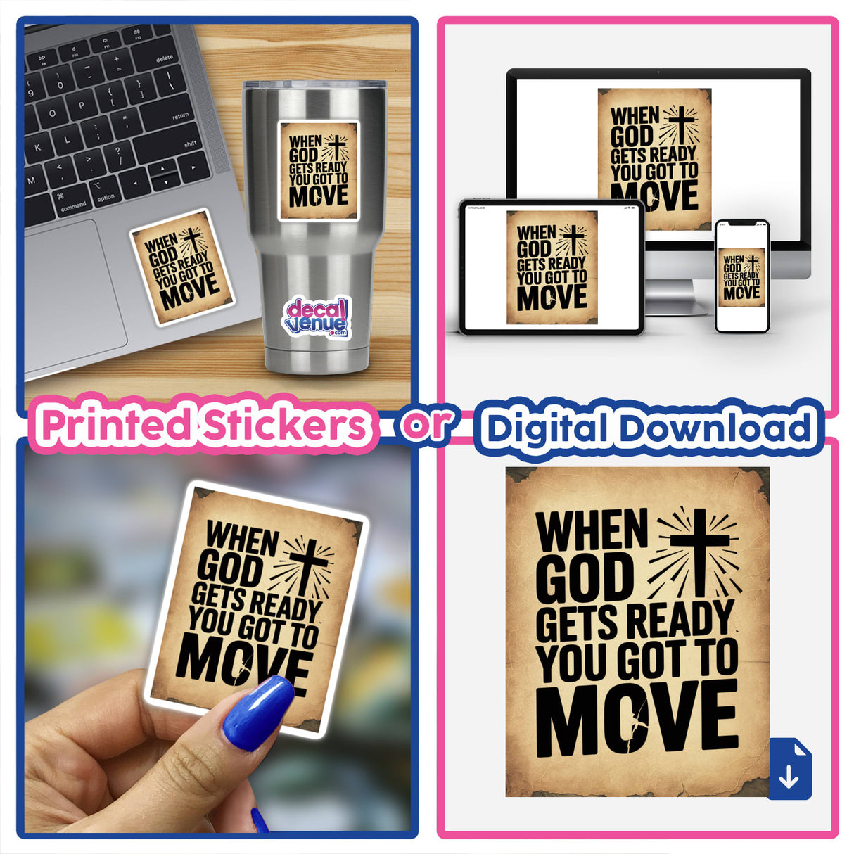 When God Gets Ready, You Got to Move Gospel Typography Sticker or Clipart features a laptop adorned with the sticker, showcasing its bold text design.