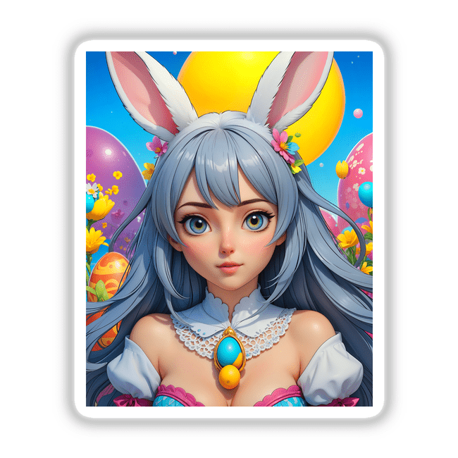 A Cute Easter Bunny Girl cartoon illustration featuring a girl with bunny ears, available as stickers or digital artwork from Decal Venue.