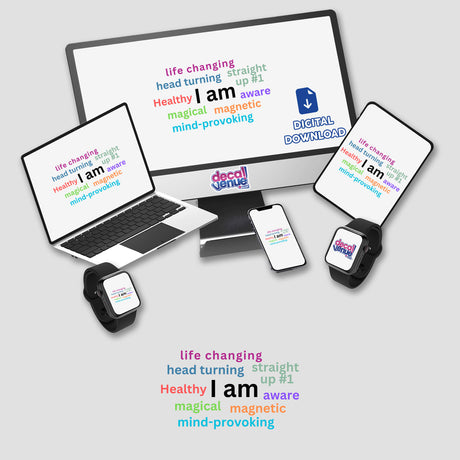 Morning Affirmations: a computer monitor, laptop, and smartwatch displaying motivational phrases, available as stickers or digital artwork from Decal Venue.