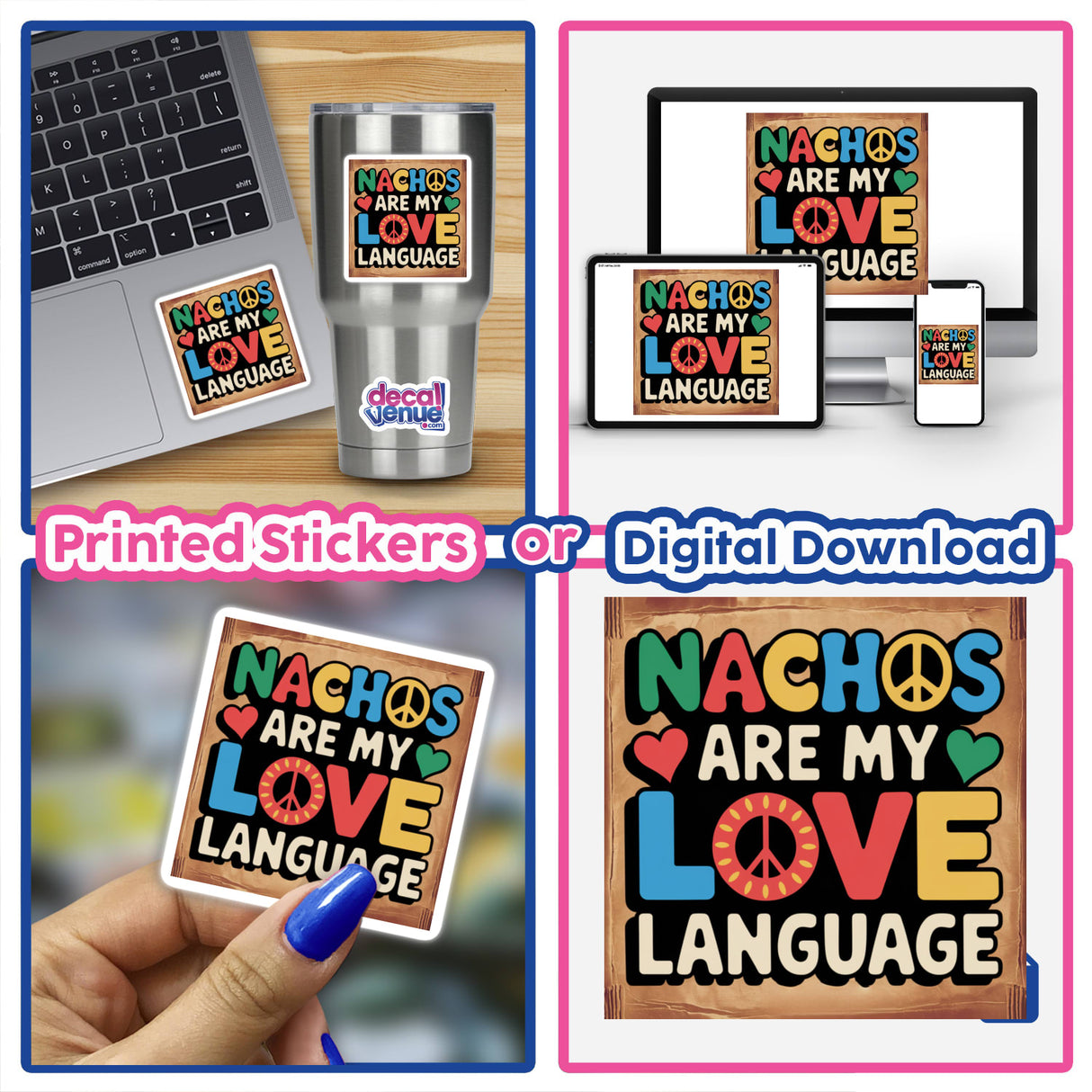 Collage featuring the Nachos Are My Love Language Sticker, showcasing a laptop adorned with the fun food lover clipart. Ideal for sticker enthusiasts or as digital artwork for commercial use.