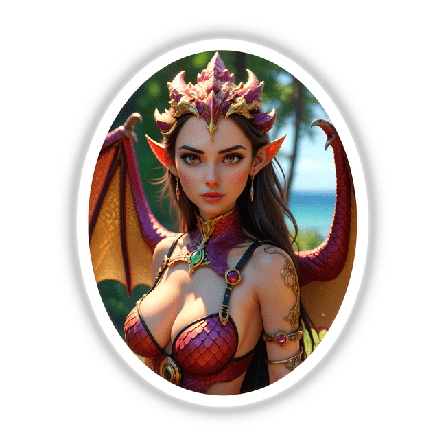 A Beautiful Fantasy Dragon Girl depicted in digital artwork, showcasing a woman adorned in an intricate red and gold garment, available as stickers or digital prints.