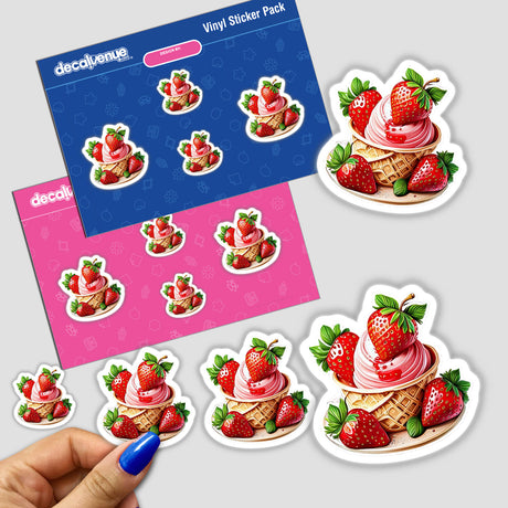 Delicious strawberry ice cream cones with juicy strawberries and vibrant green leaves on a pink and blue sticker pack from the Decal Venue store.