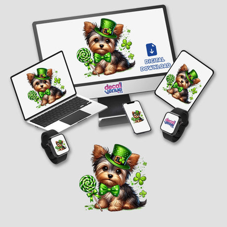 St Patricks Day Leprechaun Yorkie Dog depicted on a computer monitor and laptop, showcasing whimsical digital artwork available as stickers from Decal Venue.