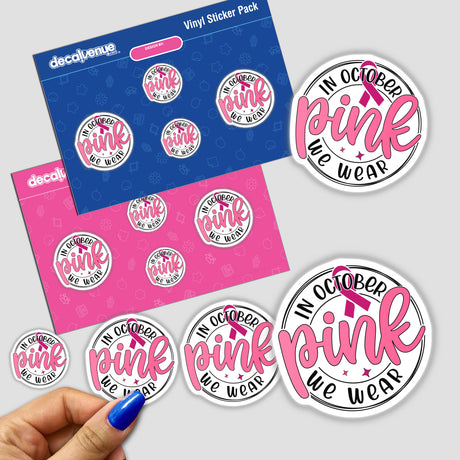 Sticker pack with “In October We Wear Pink” text, featuring pink ribbons and supportive messages. Available as stickers or digital artwork from Decal Venue.