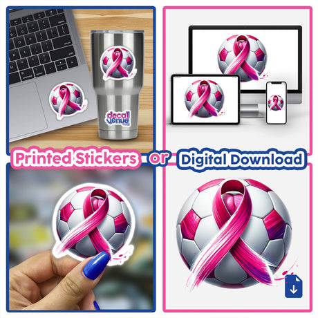 Soccer Ball Pink Ribbon Breast Cancer: Collage featuring a football with a pink ribbon, symbolizing breast cancer awareness. Available as stickers or digital artwork.