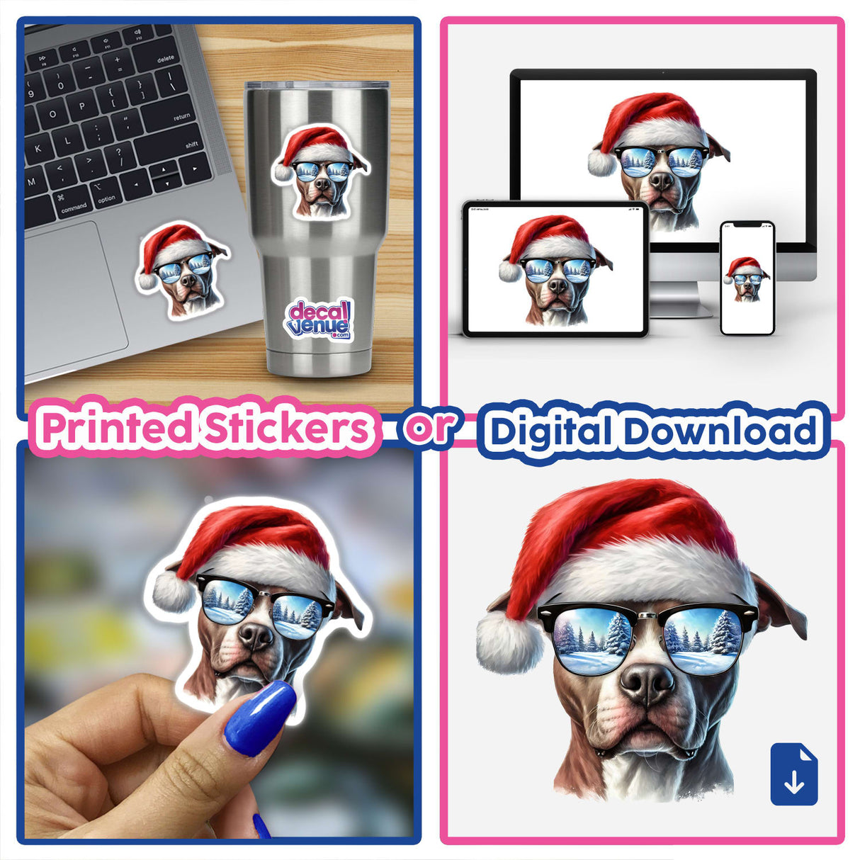 Winter Sunglasses Christmas Santa Pitbull Dog sticker featuring a dog in a Santa hat and sunglasses, offered as unique stickers or digital artwork, highlighting Decal Venue's creative flair.