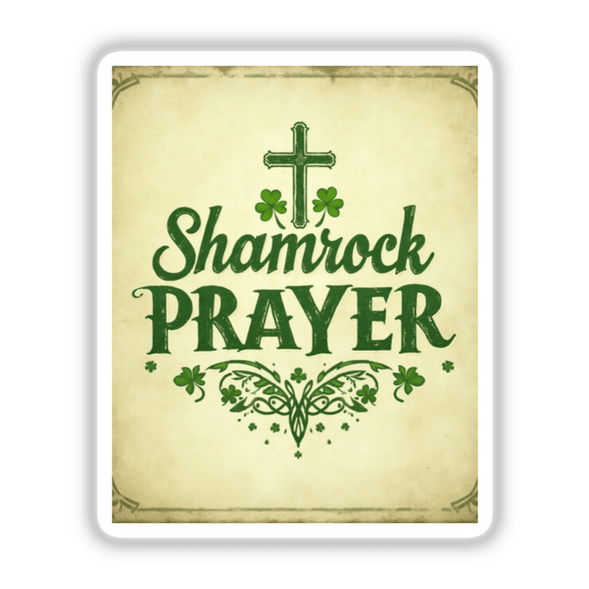 Shamrock Prayer St. Patrick’s Day Sticker or Clipart features a green cross with four-leaf clovers on a white background, embodying Decal Venue's unique vinyl sticker and digital art style.