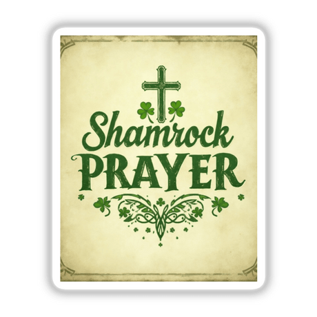 Shamrock Prayer St. Patrick’s Day Sticker or Clipart features a green cross with four-leaf clovers on a white background, embodying Decal Venue's unique vinyl sticker and digital art style.