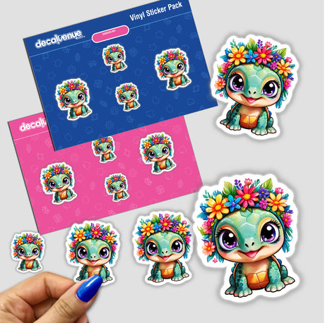 Flower Crowned Turtle: Cute baby turtle adorned with a floral crown, available as stickers or digital artwork. The turtle features prominently in a sticker pack with other cartoon animals.