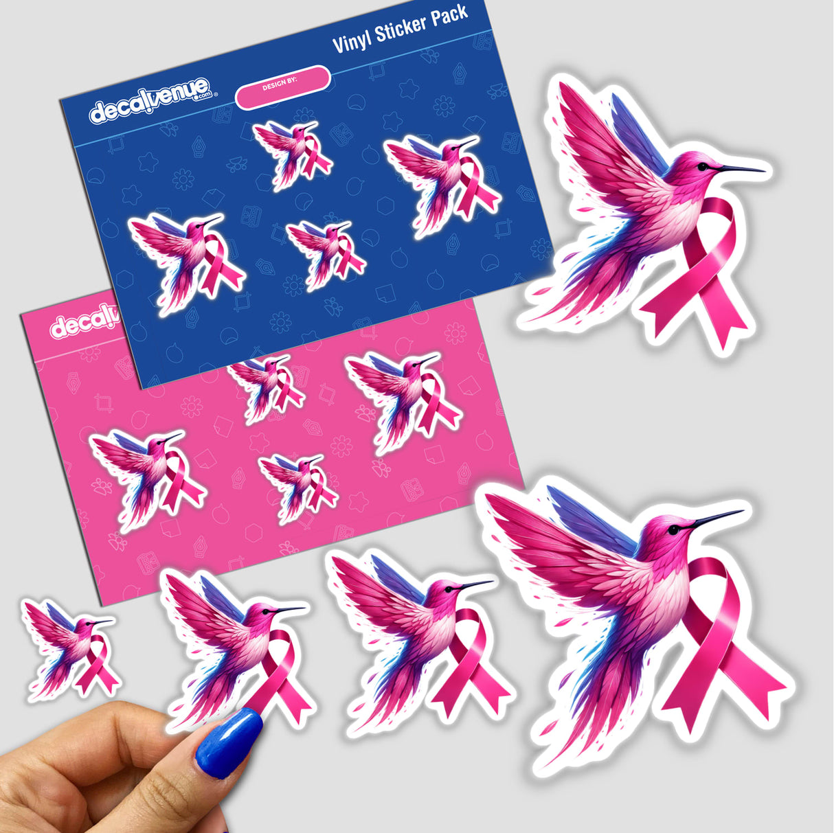 Hummingbird Pink Ribbon Breast Cancer Awareness stickers featuring birds with pink ribbons, available as stickers or digital artwork.