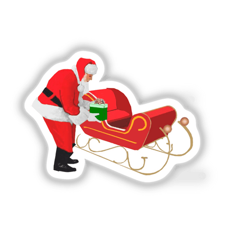 Santa Putting a Christmas Present onto his Sleigh on a Transparent Background