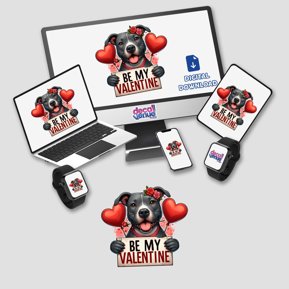 Pitbull Be My Valentine digital artwork, featuring a dog holding a heart-shaped sign, displayed on a laptop screen. Available as stickers or digital art from Decal Venue.