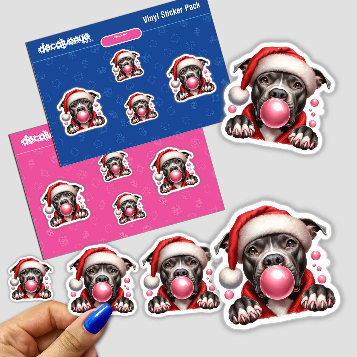 Pitbull Santa Dog Blowing Bubble sticker features a cartoon pitbull wearing a Santa hat and blowing bubble gum, capturing a playful holiday spirit. Available as stickers or digital art.