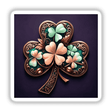 Antique Shamrock – Bronze Clover with Pastel Floral Accents, featured as a close-up digital artwork or sticker, highlighting intricate details, available at Decal Venue for unique vinyl art enthusiasts.