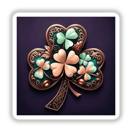 Antique Shamrock – Bronze Clover with Pastel Floral Accents, featured as a close-up digital artwork or sticker, highlighting intricate details, available at Decal Venue for unique vinyl art enthusiasts.