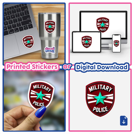 Military Police Shield Logo featured in a collage of stickers and digital artwork, showcasing its intricate design ideal for laptops, tumblers, and more, available at Decal Venue.