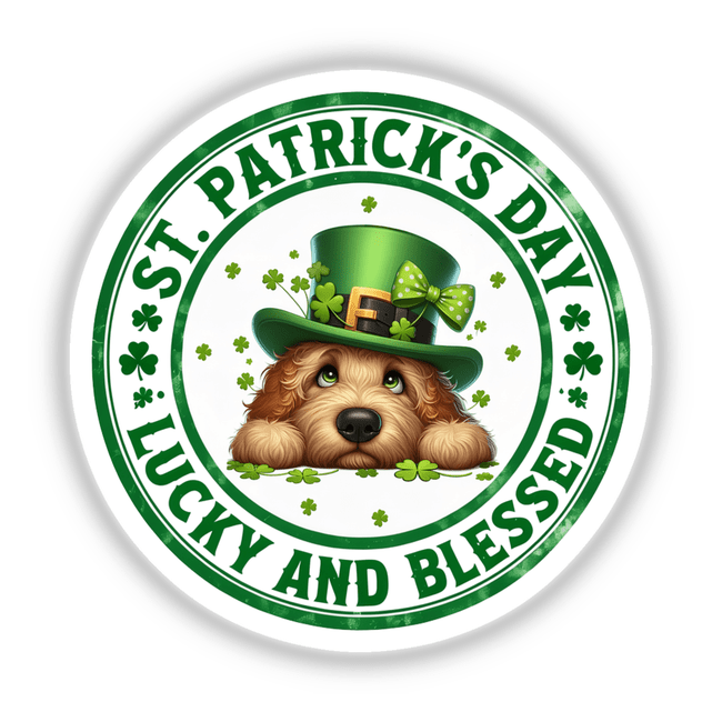 St Patricks Lucky and Blessed Goldendoodle wearing a green hat adorned with clovers, available as stickers or digital artwork from Decal Venue.