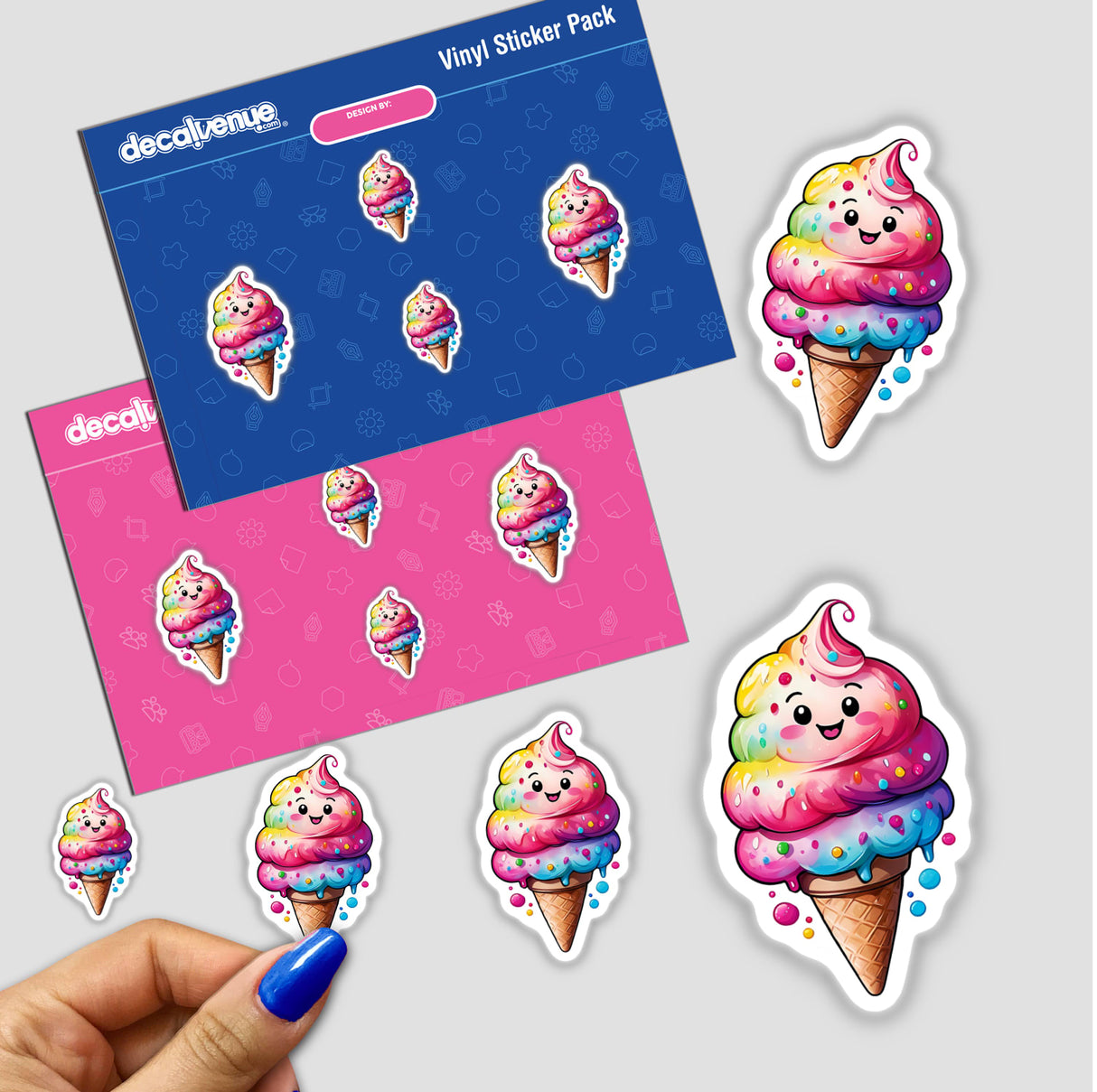 Happy ice cream cone sticker pack featuring cartoon ice cream cones with faces, shown close up in hand. Available as stickers or digital artwork from Decal Venue.