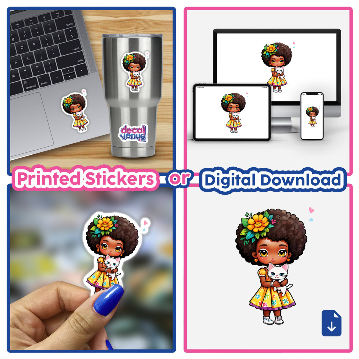 Afro Girl Holding White Kitten: Cute Cartoon Sticker collage features a cartoon girl with a kitten, a laptop, and various related images. Available as stickers or digital artwork from Decal Venue.