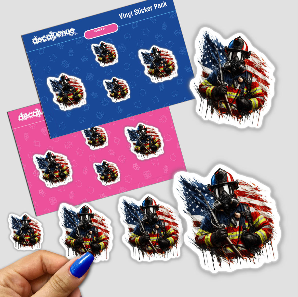 US American Flag Splatter Firefighter - Vinyl stickers featuring a dramatic firefighter illustration with the American flag pattern