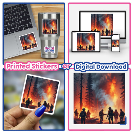 Hero Series 2: A collage featuring images of fire, a close-up of a finger, a mug, and a laptop displaying flames, available as stickers or digital artwork.