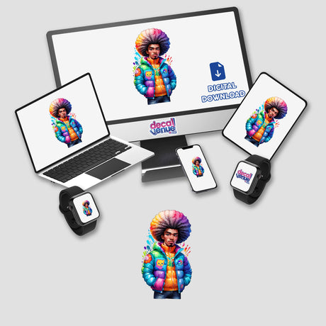 Afro Man in Colorful Puffer Jacket with Rainbow Colors and Splatter Paint: Sticker Design displayed on a computer monitor and laptop.