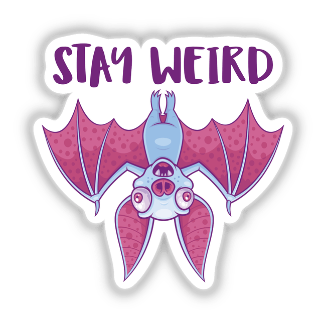 Stay Weird Quirky Albino Vampire Bat Cartoon featuring a whimsical bat with outstretched wings, available as unique stickers or digital artwork from Decal Venue.