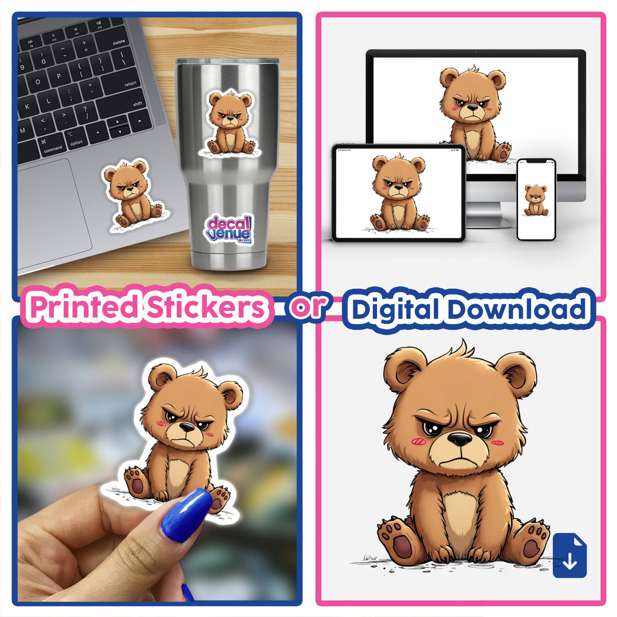 Adorably Grumpy Bear Cartoon sticker on a laptop, featuring a sad cartoon bear sitting. Available as stickers or digital artwork from Decal Venue.