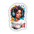 Woman with Headphones Sticker featuring a vibrant rainbow background and music notes, showcasing a stylized illustration of a woman enjoying music. Available as Stickers or Digital Artwork.