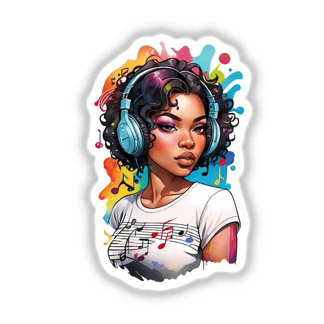 Woman with Headphones Sticker featuring a vibrant rainbow background and music notes, showcasing a stylized illustration of a woman enjoying music. Available as Stickers or Digital Artwork.