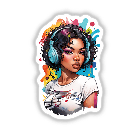 Woman with Headphones Sticker featuring a vibrant rainbow background and music notes, showcasing a stylized illustration of a woman enjoying music. Available as Stickers or Digital Artwork.