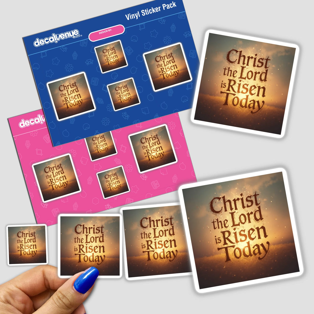 Hand holding 'Christ the Lord is Risen Today' Christian Easter sticker, available as a sticker or digital artwork, showcasing text and design elements, aligned with Decal Venue's unique vinyl offerings.