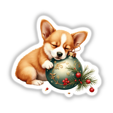 Corgi Sleeping on Christmas Ornament sticker or digital artwork, featuring a cute dog holding a festive ornament in its mouth. Perfect for holiday-themed decoration from Decal Venue.