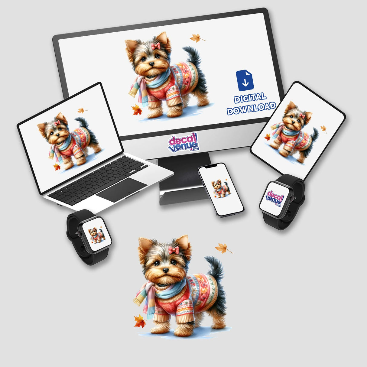 Time for Sweater Season Yorkie Dog digital artwork displayed on a monitor, laptop, tablet, phone, and smartwatch, featuring a Yorkie wearing a sweater and scarf. Available as stickers or digital art.