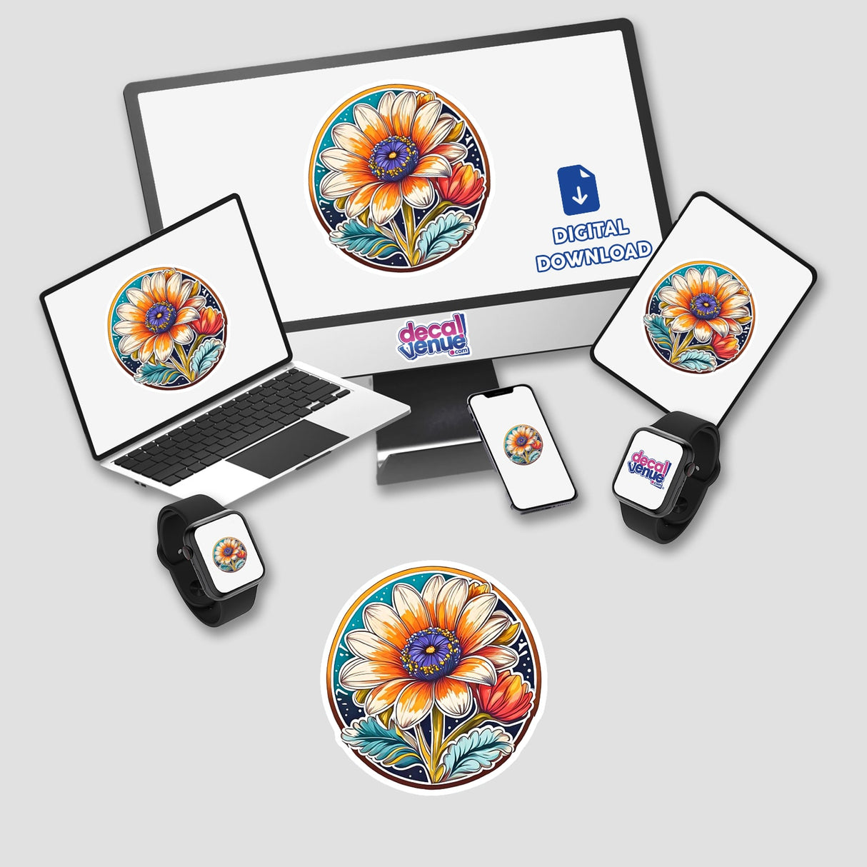 Colorful floral digital art with a daisy design displayed on various digital devices and products, including a laptop, tablet, smartphone, and smartwatch. The image showcases the Decal Venue brand, which offers unique stickers and digital art created by talented designers.