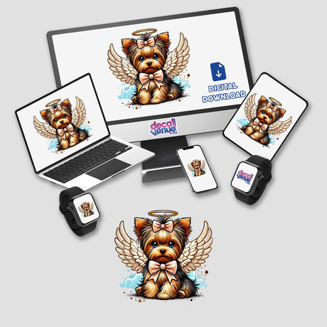 Halo and Wings Yorkie Angel Dog II depicted on digital screens and devices, showcasing a cartoon Yorkie with angelic wings and a bow, available as stickers or digital artwork.