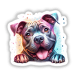 Colorful illustrated pitbull dog peeking from behind a frame with sparkling accents