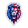 A Cool American Flag Lion illustration featuring a lion with a red, white, and blue mane, adorned with stars, available as stickers or digital artwork.