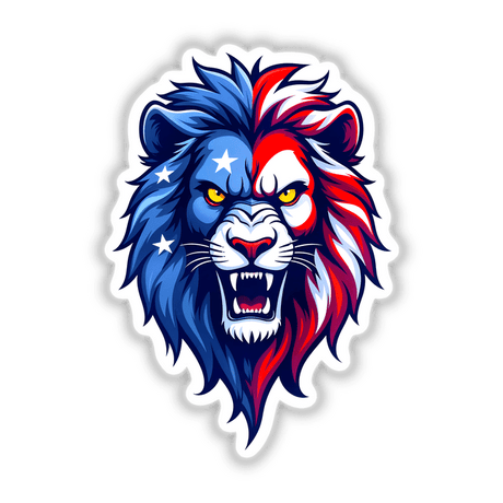 A Cool American Flag Lion illustration featuring a lion with a red, white, and blue mane, adorned with stars, available as stickers or digital artwork.