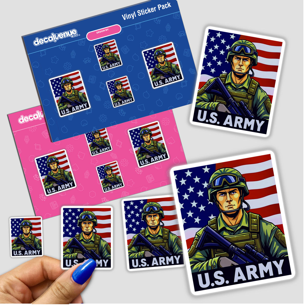 U.S. Army - American Soldier With Flag sticker, featuring military men in uniform with guns and the American flag. Available as unique vinyl stickers or digital artwork from Decal Venue.