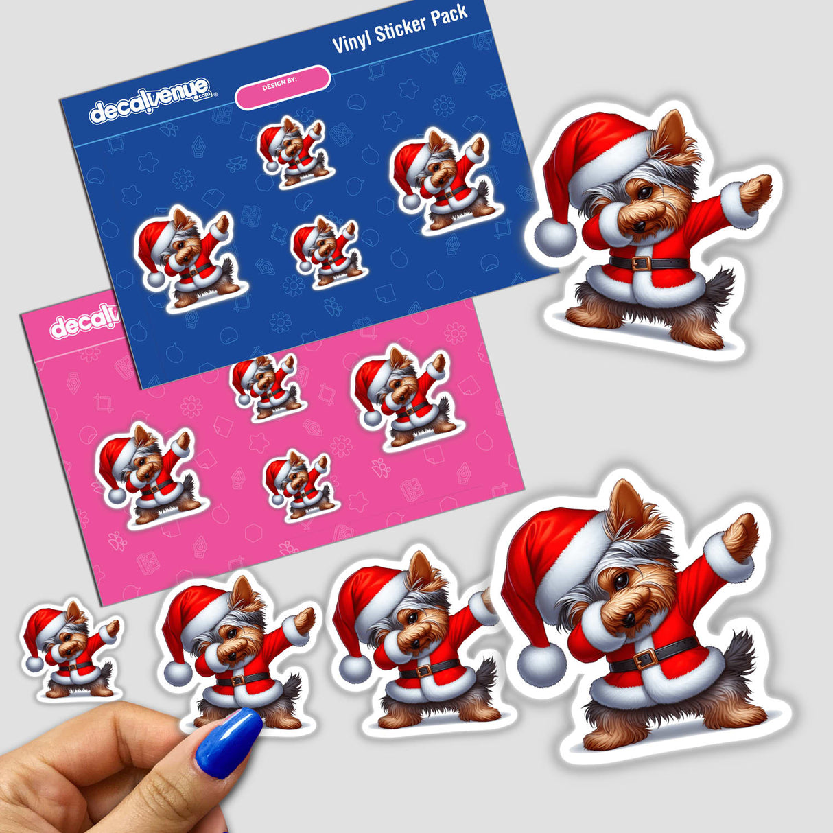 Dabbing Christmas Yorkie Dog in Santa Outfit sticker featuring a cartoon Yorkie in a Santa costume, available as stickers or digital artwork from Decal Venue.