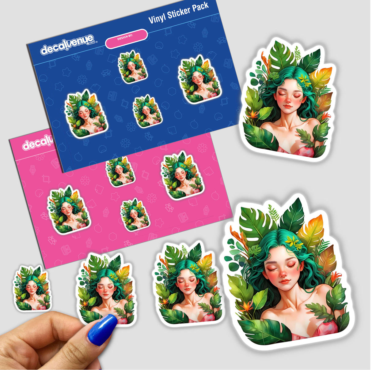 Sticker Design: Woman Resting Amidst Lush Tropical Greenery - Features a serene woman with green hair surrounded by detailed green leaves. Available as stickers or digital artwork.