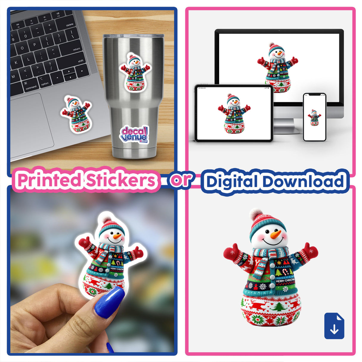 Snowman in Ugly Christmas Sweater sticker displayed on a laptop, featuring a snowman with a hat and scarf. Available as stickers or digital artwork from Decal Venue.