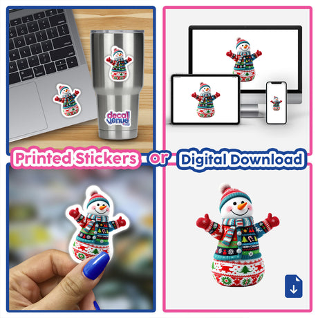 Snowman in Ugly Christmas Sweater sticker displayed on a laptop, featuring a snowman with a hat and scarf. Available as stickers or digital artwork from Decal Venue.