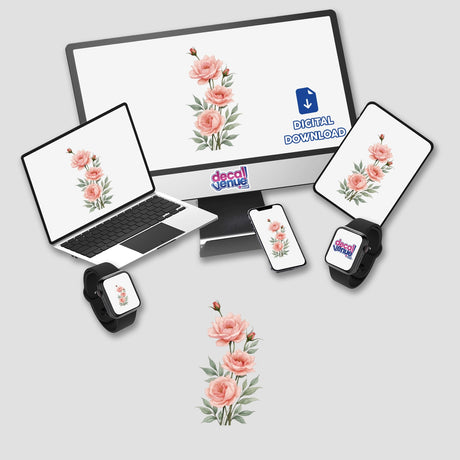 Rose Garden Watercolor Sticker for Journaling displayed on a computer monitor and laptop, showcasing clipart of vibrant flowers, available as both stickers and digital artwork for commercial use.