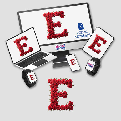 Elegant Floral Letter E Clipart - Downloadable Sticker featuring a laptop, phone, and smartwatch displaying the letter E made of roses, available as stickers or digital artwork with commercial rights.