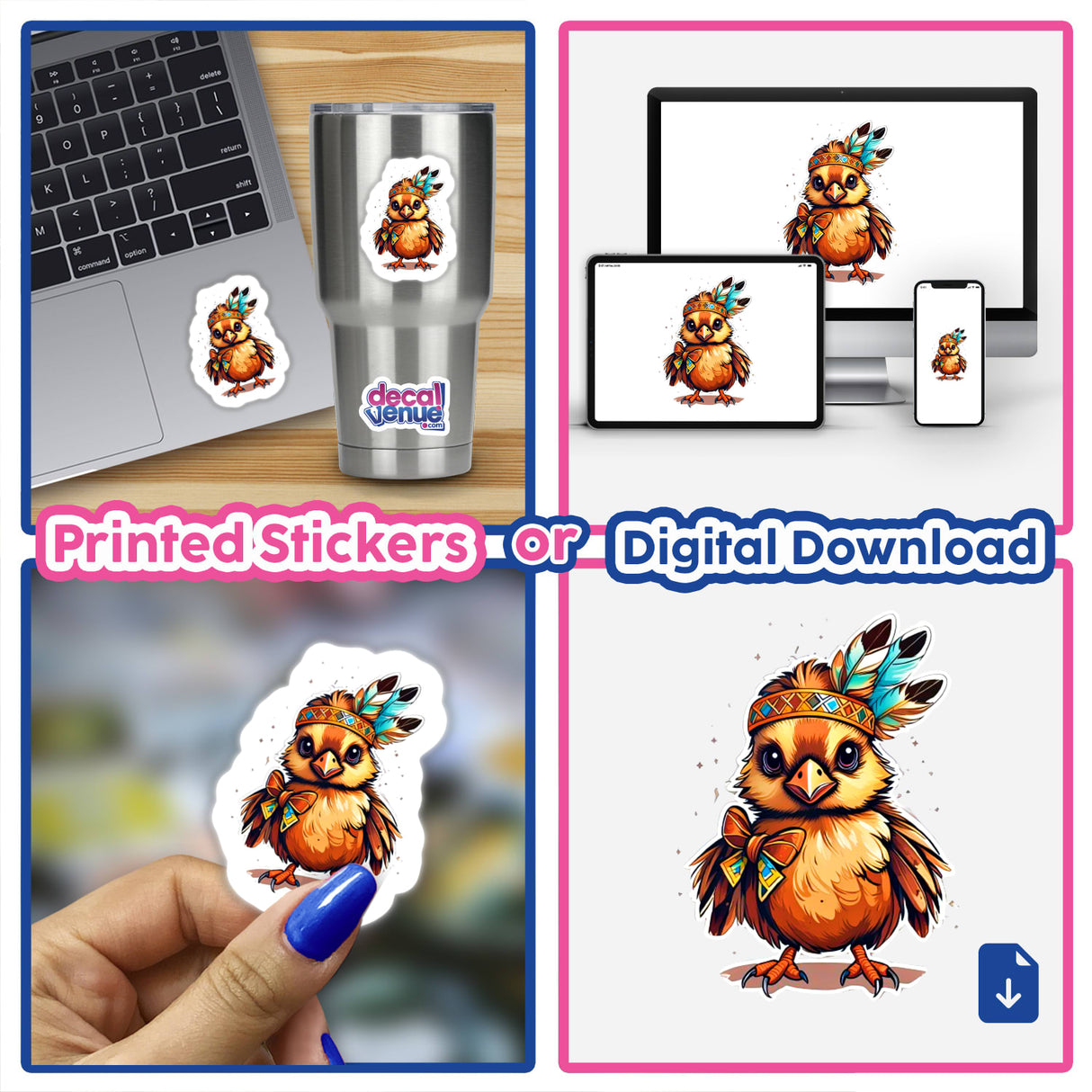 Indian Chick sticker collage featuring cartoon birds, a laptop with a bird sticker, and a cup with a bird sticker. Available as stickers or digital artwork.