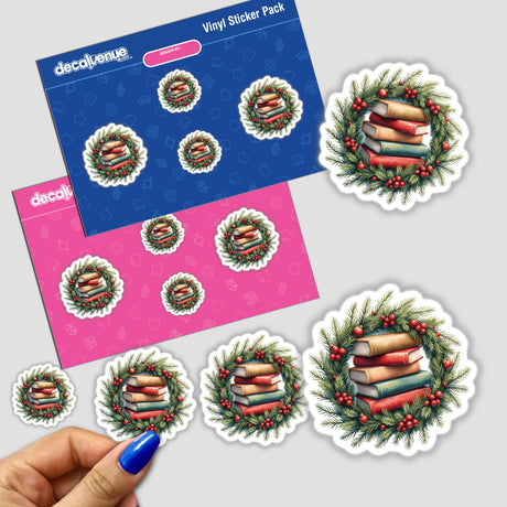 Books in a Christmas Wreath sticker pack features stacks of books nestled in festive wreaths, embodying Decal Venue's unique sticker artistry and holiday charm. Perfect for seasonal projects.